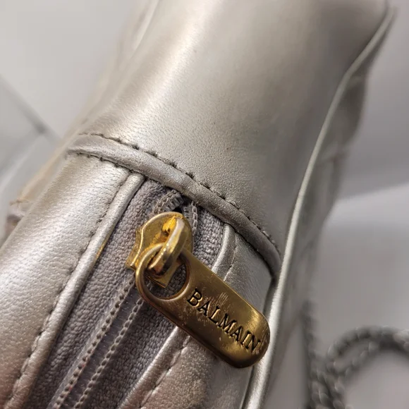 Balmain Silver Quilted Shoulder Bag with Chain Straps